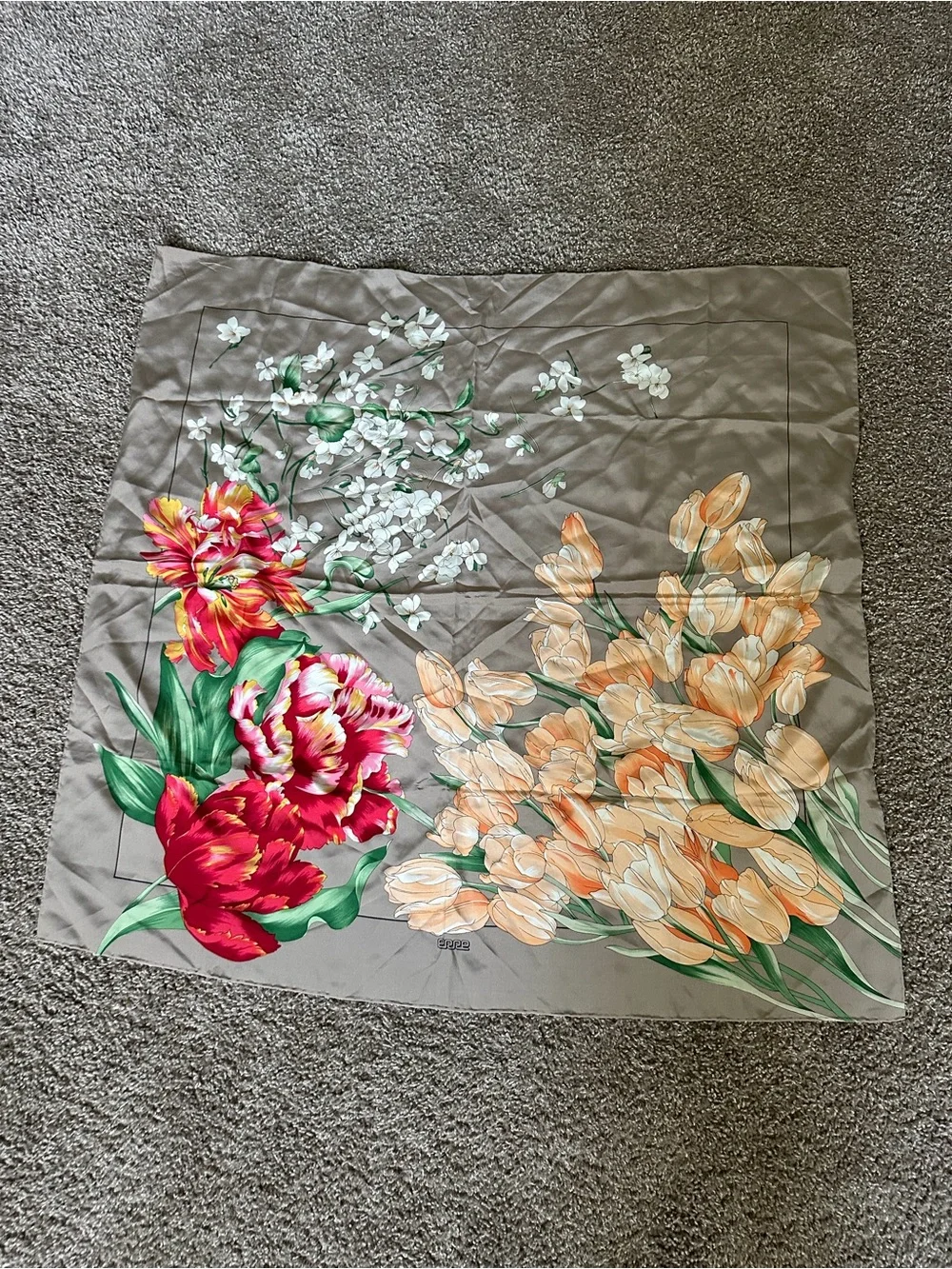 Floral 100% Silk Scarf in Taupe with Red & Peach Blooms Tulip Italian